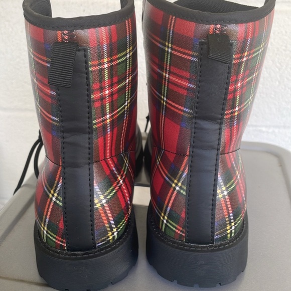 Plaid Boots Women's Men's Rain Boots Vegan Leather Lace-Up Boots, New - Picture 2 of 7